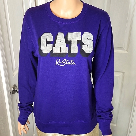 K-State Wildcats Purple Long-Sleeve Crew-Neck Tee with Silver Sequence Logo - Picture 1 of 8